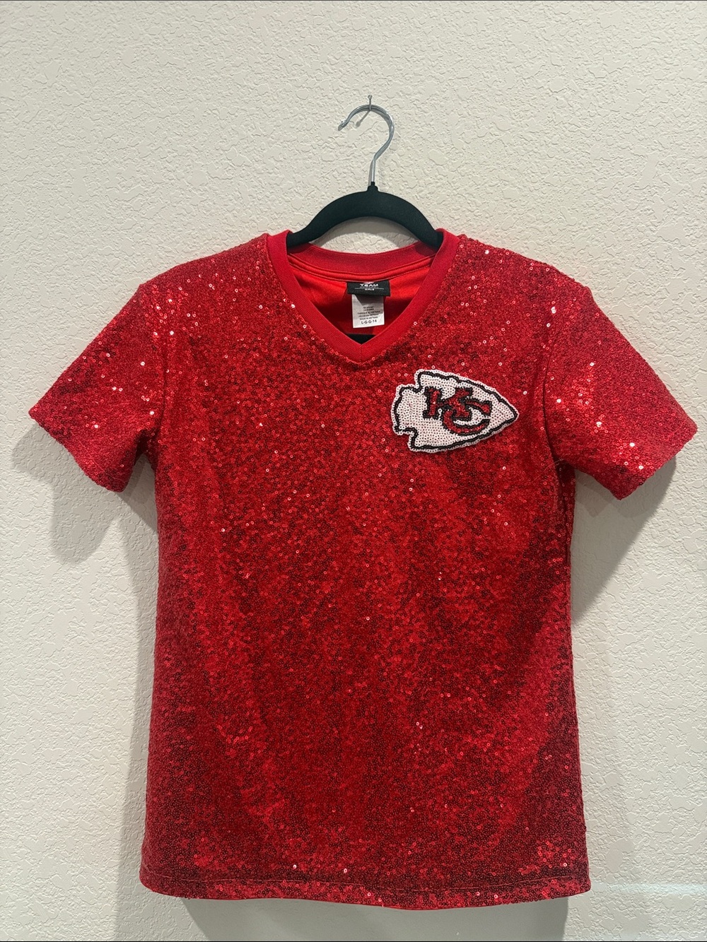 Kids Red Sequin V-Neck Tee with Kansas City Chiefs Patch